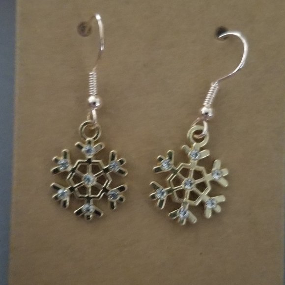 2 for $10 Fun Handmade Gold Snowflake with Rhinestones Earrings - Picture 1 of 3
